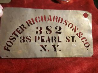 Vintage Brass Wooden Box/crate Stencil,  " Foster Richardson 38 Pearl St Ny "