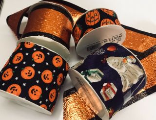 4 Roll Vtg Black,  Orange Fabric,  Textured Foil Halloween Wide Ribbon - Pumpkin - Print