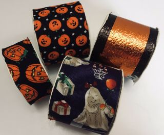 4 ROLL Vtg Black,  Orange Fabric,  Textured Foil Halloween Wide Ribbon - Pumpkin - Print 2