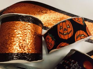 4 ROLL Vtg Black,  Orange Fabric,  Textured Foil Halloween Wide Ribbon - Pumpkin - Print 3