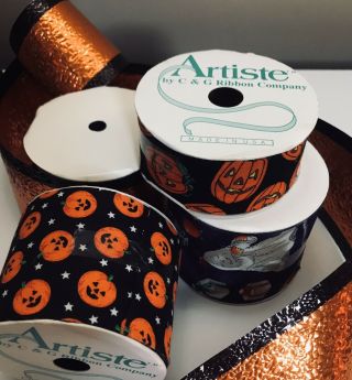 4 ROLL Vtg Black,  Orange Fabric,  Textured Foil Halloween Wide Ribbon - Pumpkin - Print 4