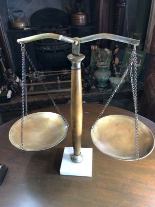 Vintage Brass & Wood Balance Scale On Marble Square Base