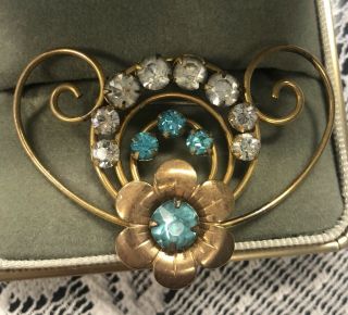 Vintage 1/20th 12kt Gf Blue Clear Rhinestone Vintage Brooch Antique Flower Pin