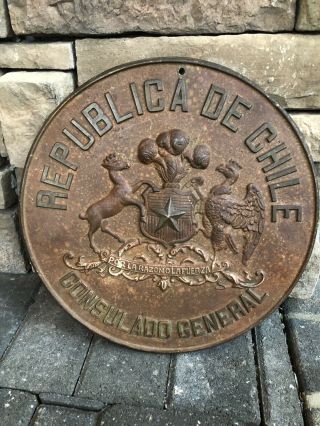 Plaque With Coat Of Arms Republica De Chile Consulado General Bronze 13” 8 Lbs