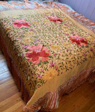 ANTIQUE FLORAL PEACH SILK HEAVILY EMBROIDERED PIANO SHAWL COLORFUL FRINGE 2