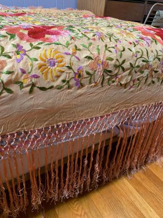 ANTIQUE FLORAL PEACH SILK HEAVILY EMBROIDERED PIANO SHAWL COLORFUL FRINGE 7
