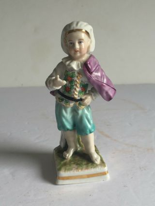 Antique Sitzendorf Porcelain Figurine Boy With Purple Cape Allegorical 19thc 4 "