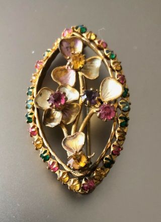 Antique Or Vintage Pin Brooch - Brassy Metal Frame Enamel Flowers Rhinestones
