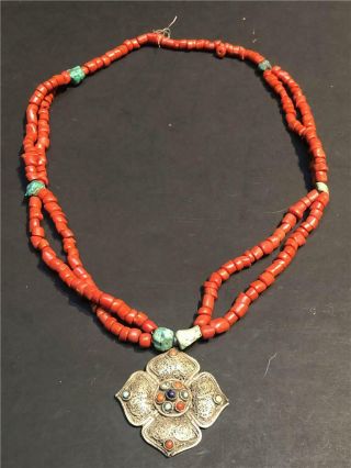 Antique Tibet Silver,  Turquoise And Coral Glass Pendant Necklace