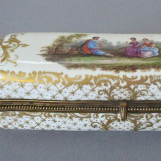 Antique French Porcelain Hp Pen Box 3 Figures,  Scenery Gilt Accents Sevres