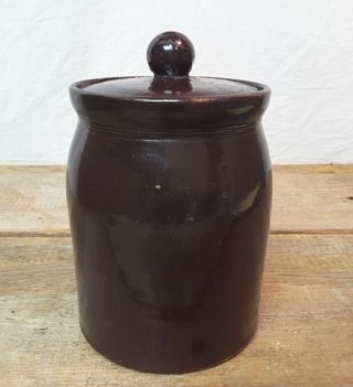 Antique Stoneware Jar Crock Crazed Knob Lid 7 " Tall 5 " Diameter Old