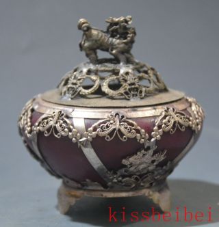 Chinese Handwork Carved Tibetan Silver Pixiu Inlay Jade Incense Burner