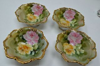 4 Antique Adorable Porcelain Hand - Painted Roses,  Gold Tiny Nut Candy Sauce Bowls