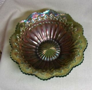 Vintage Antique 9 " Across Iridescent Green Ribbed Rim Bowl - -