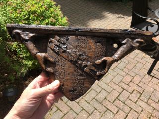 Antique Carved Oak Panel With Hands Supporting Heraldic Shield Medieval Style