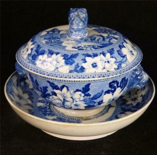 N980 C1820 Antique Rogers Blue & White Elephant Pattern Small Tureen & Stand