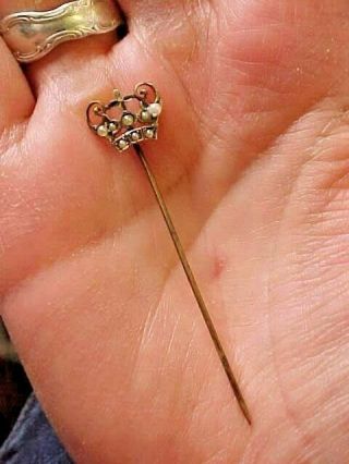 Antique Victorian 10 Kt Rose Gold Pearl Crown Lingerie Stick Cravat Pin