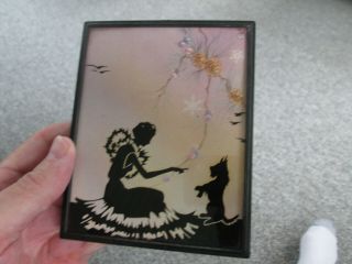 Vintage Reverse Painted Silhouette Lady With Scottie Dog Pine Bough Background 3