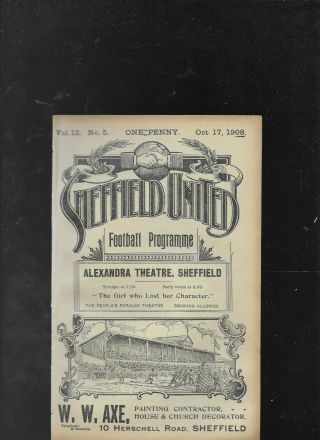 Antique Programme Sheffield United V Everton 17 - 10 - 1908