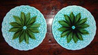 Pair Antique Majolica Lily Of The Valley Plate Schramberg Ultra Rare Color