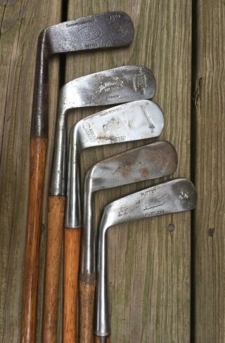 5 Antique Hickory Wood Shaft Left Handed Putters Various Makes