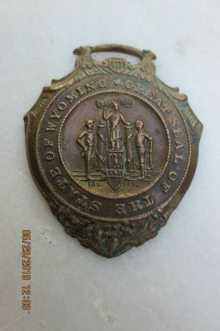 Antique Watch Fob Great Seal Of State Of Wyoming 14kt Gp Bronze Late 1800 