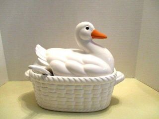 White Ceramic Duck Basket Soup Tureen With Ladle By Action Co.