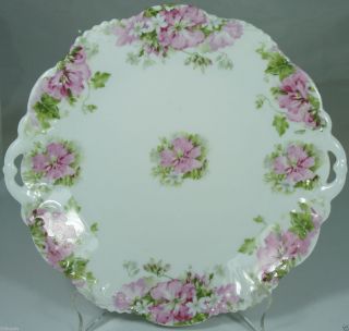 Antique Porcelain Cake Plate Pink Dogwood Flowers,  Embossed,  Handled,  Scalloped Rim