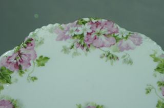 ANTIQUE PORCELAIN CAKE PLATE PINK DOGWOOD FLOWERS,  EMBOSSED,  HANDLED,  SCALLOPED RIM 2