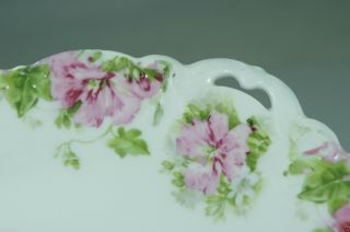ANTIQUE PORCELAIN CAKE PLATE PINK DOGWOOD FLOWERS,  EMBOSSED,  HANDLED,  SCALLOPED RIM 5