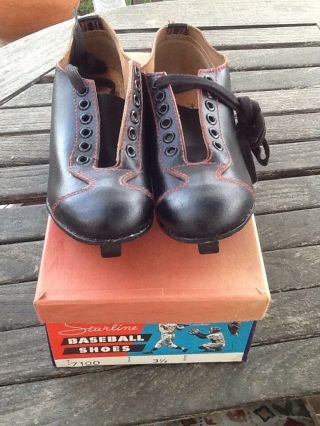 Vintage Old Antique 1950 ' s ALL Black Leather AWESOME Baseball Cleats W/t Box NOS 4
