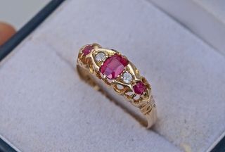 Antique 18ct Gold Carved Ruby & Old Cut Diamond Ring,  Tons Of Sparkle,  Size M.  5
