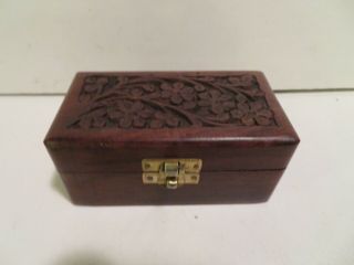 Vintage Hand Carved Wooden Box Made In India Rectangle Floral Inlay Jewelry Box.