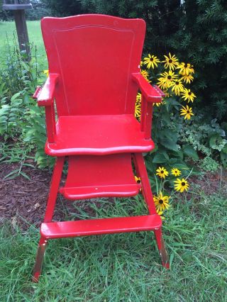 Antique Wooden Heavy Solid Wood Baby High Chair Painted Red No Tray For Display