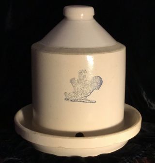 Antique Mccoy Pottery Chicken Feeder With Blue - Stoneware / Primitive Farmhouse