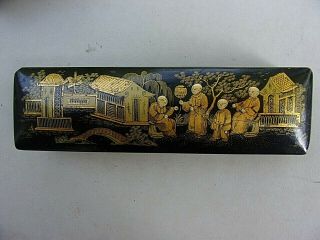 Antique Paper Mache Oriental Pen Pencil Brush Box Chinese Victorian Era