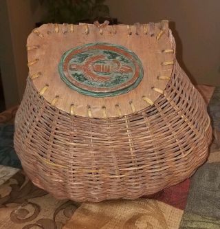 Cool Old Vintage Fishermans Creel Basket Woven Wicker Leather Strap Large