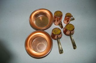6 Misc Antique Copper & Tin Measuring Cups W/ Brass Handles Plus 2 Copper Bowls