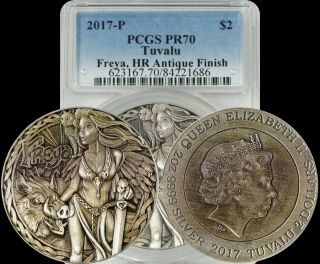 2017 - P Tuvalu Silver $2 Dollar Freya,  Hr Antique Finish Pcgs Pr70 Coin