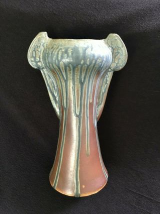 Antique Arts & Crafts Mission Pottery Vase Mottled Brown 2 Handles Pot 12 "