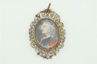 Antique Gilt Copper King James Ii Miniature Portrait Locket Pendant C1680