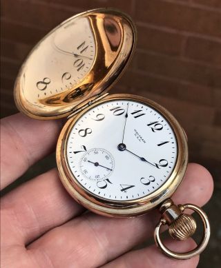 A Gents Antique 14ct Gold/filled Waltham Full Hunter Pocket Watch,  1918.