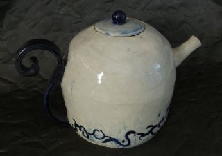 Awesome Antique Primitive Blue Salt Glaze / Stoneware Pottery Teapot - Heavy