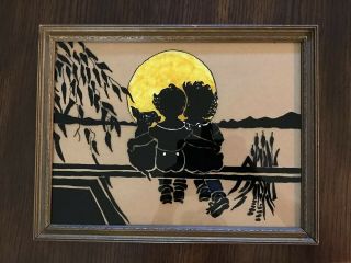 Vintage 1940s Reverse Glass Silhouette Boy Girl & Dog Gazing At The Yellow Moon