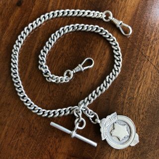 Antique Early 20th Century Hallmarked Silver Pocket Watch Albert Chain And Fob.