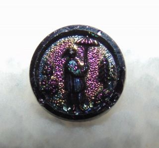Vintage Lustered Small Black Glass Oriental Man W/umbrella Button 3026a