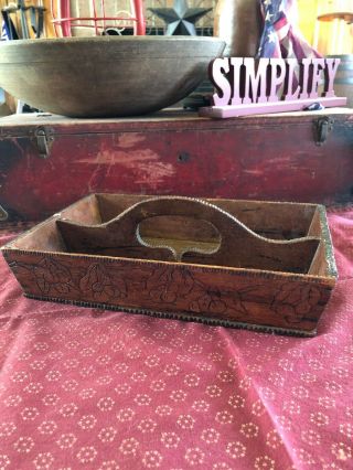 Primitive Utensil Tray Carrier Antique Wood Cutlery Knife Storage Box