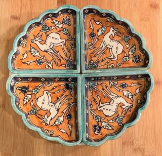 Vintage Jerusalem Art Pottery Deer 4 Dishes Bowls Iznik Style Armenian
