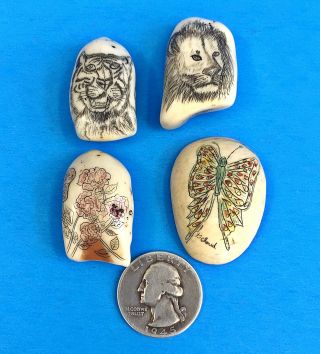 4 Vintage G.  Cloud 1970s Scrimshaw Faux Bone/tooth Hand Carved Art/craft/jewelry