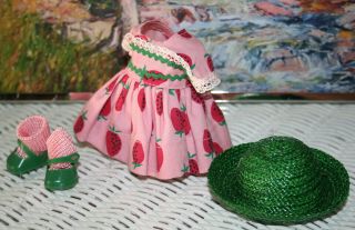Muffie Outfit - Green Flat Sole Shoes,  Perfect Green Hat,  Pristine Strawberry Dress
